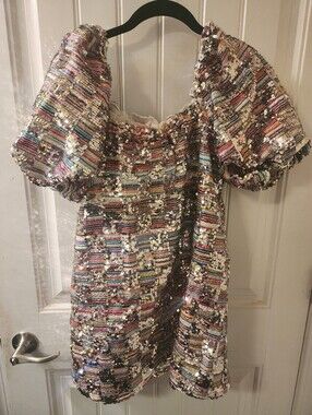 Buddy Love Sequin Mini Dress Size Small Multicolor Puff Sleeve Party Dress